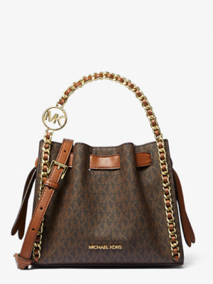 Mina Small Signature Logo Chain Crossbody Bag in Brown