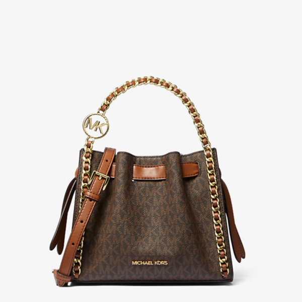 Mina Small Signature Logo Chain Crossbody Bag in Brown