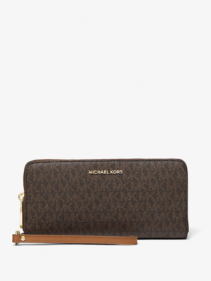 MICHAEL KORS Large Continental Signature Zip Wallet and Wristlet in Brown