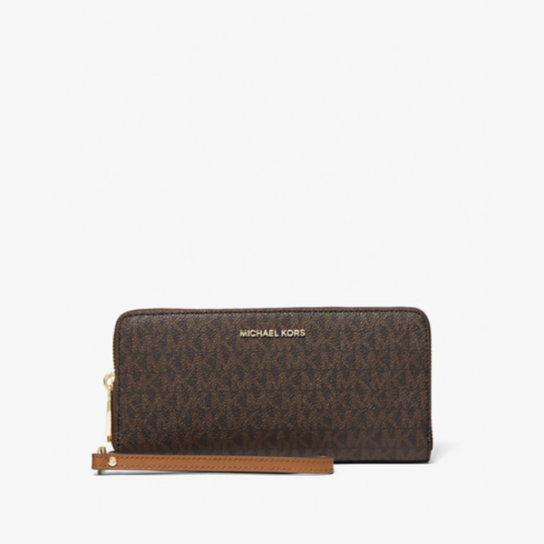 MICHAEL KORS Large Continental Signature Zip Wallet and Wristlet in Brown