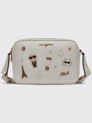 Karl Lagerfeld Maybelle camera crossbody with Golden pins in white