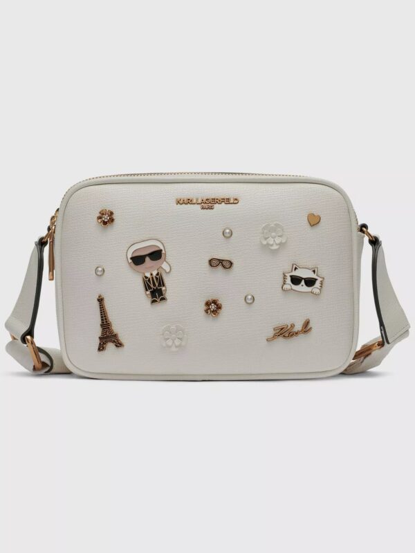 Karl Lagerfeld Maybelle camera crossbody with Golden pins in white