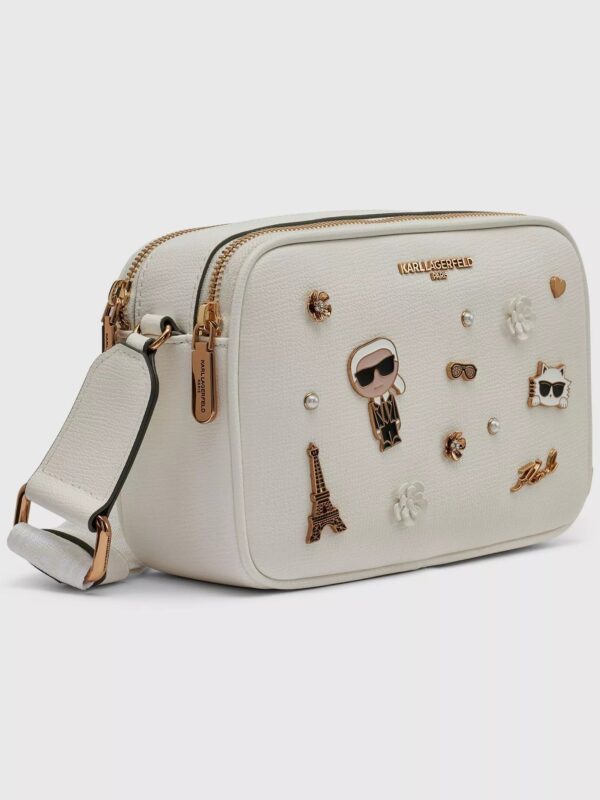 Karl Lagerfeld Maybelle camera crossbody with Golden pins in white