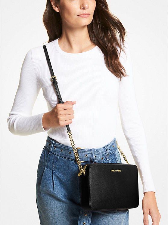 MICHAEL KORS Jet Set Leather Crossbody Bag in Black