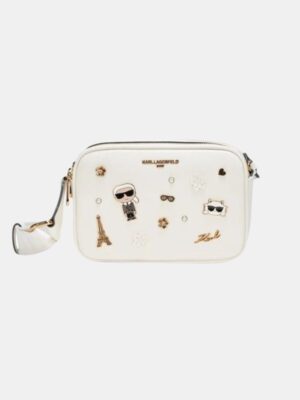 Karl Lagerfeld Maybelle camera crossbody with Golden pins in white