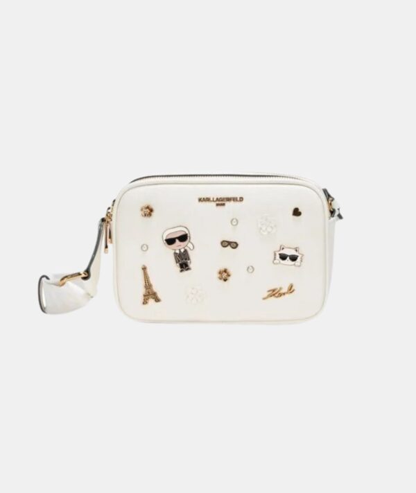 Karl Lagerfeld Maybelle camera crossbody with Golden pins in white