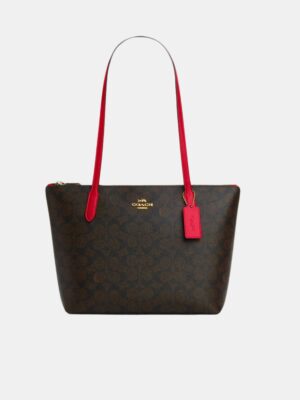 COACH Fiona Small Tote Bag in Signature Brown Red
