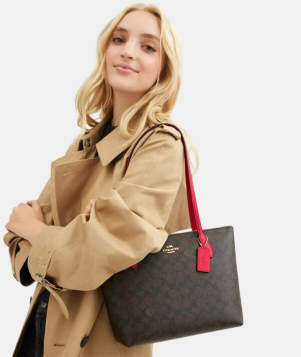 COACH Fiona Small Tote Bag in Signature Brown Red