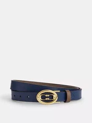 COACH Ajustable Reversible Belt In Navy Blue /Taupe