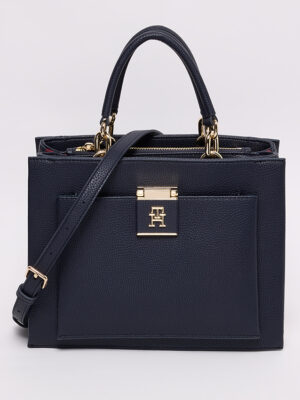 TOMMY HILFIGER Medium Logo Detail Satchel Bag in Navy Blue with Stripes