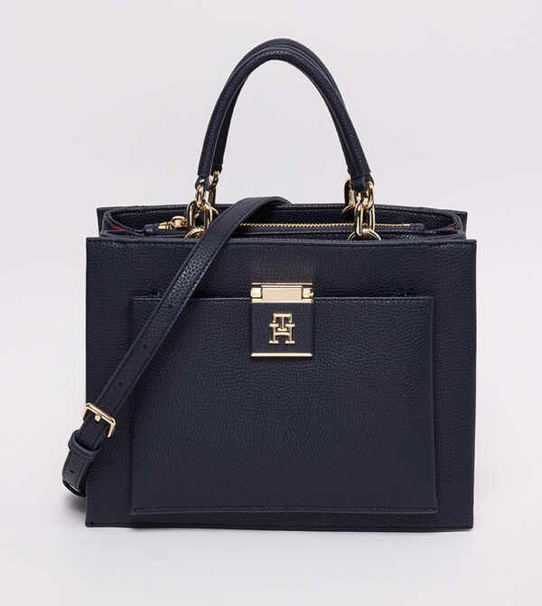 TOMMY HILFIGER Medium Logo Detail Satchel Bag in Navy Blue with Stripes