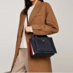 TOMMY HILFIGER Medium Logo Detail Satchel Bag in Navy Blue with Stripes