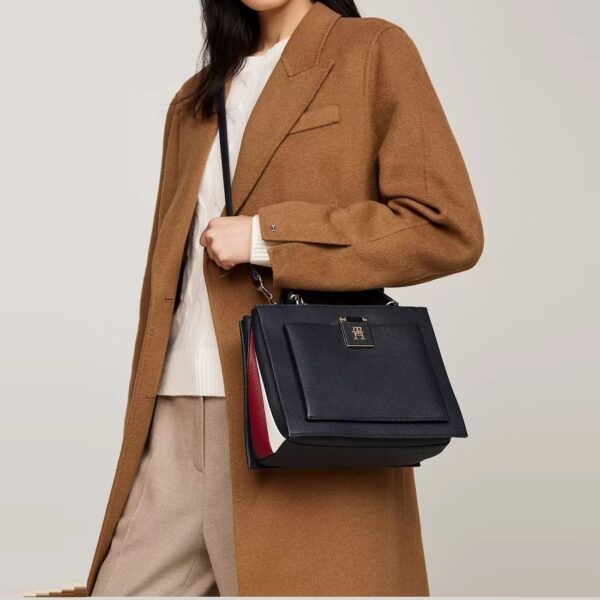 TOMMY HILFIGER Medium Logo Detail Satchel Bag in Navy Blue with Stripes