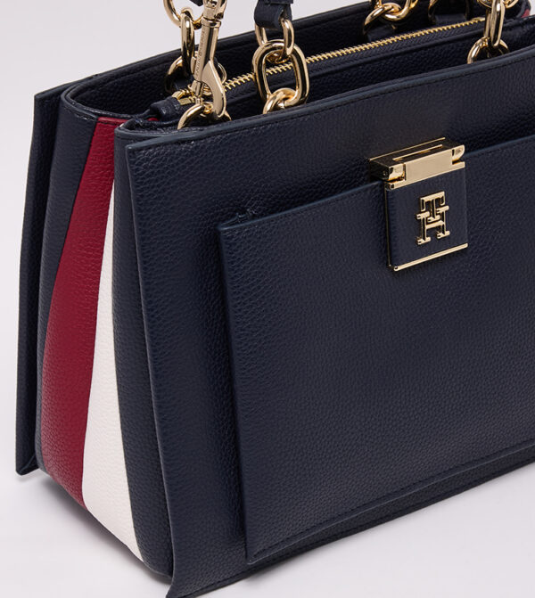 TOMMY HILFIGER Medium Logo Detail Satchel Bag in Navy Blue with Stripes