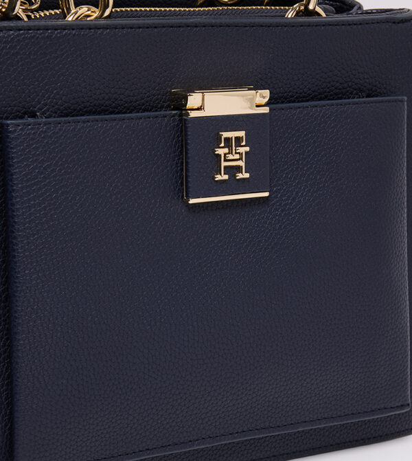 TOMMY HILFIGER Medium Logo Detail Satchel Bag in Navy Blue with Stripes