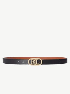 RALPH LAUREN Womens Logo Reversible Slim Leather Belt in Black/Tan.