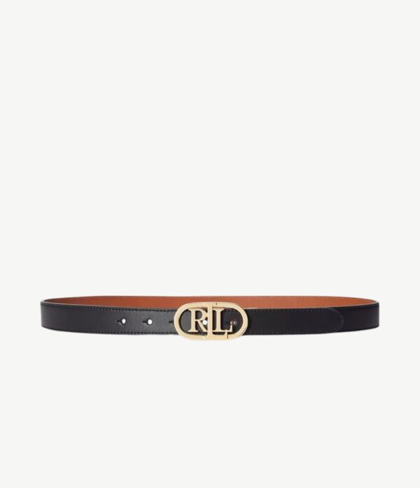 RALPH LAUREN Womens Logo Reversible Slim Leather Belt in Black/Tan.