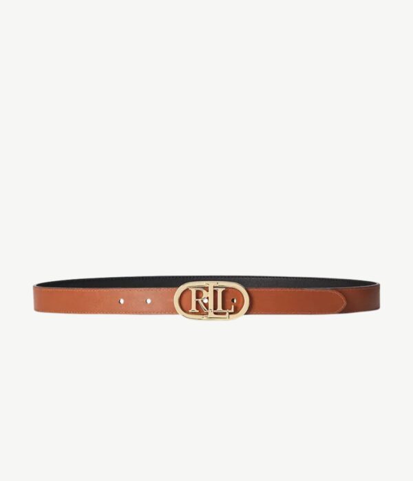 RALPH LAUREN Womens Logo Reversible Slim Leather Belt in Black/Tan.