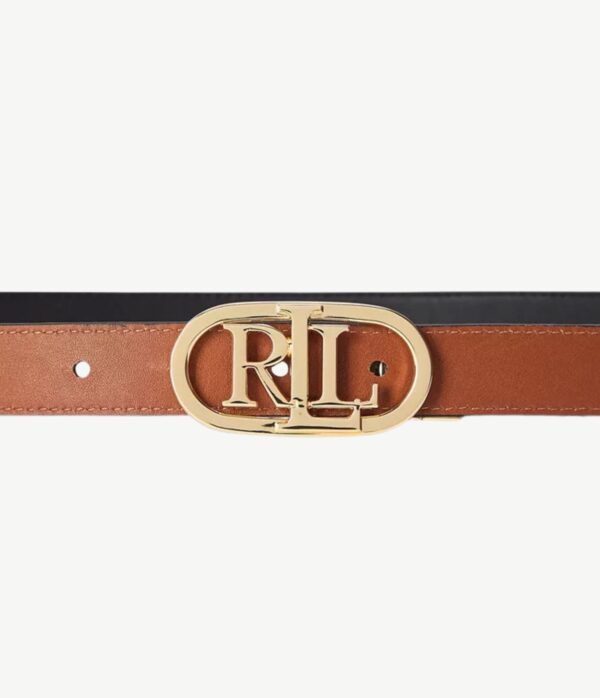 RALPH LAUREN Womens Logo Reversible Slim Leather Belt in Black/Tan.