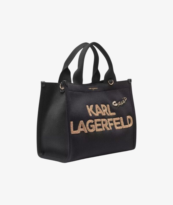 KARL LAGERFELD CHRSITINA MEDIUM KNIT TOTE  WITH CROSSBODY STRAP IN BLACK
