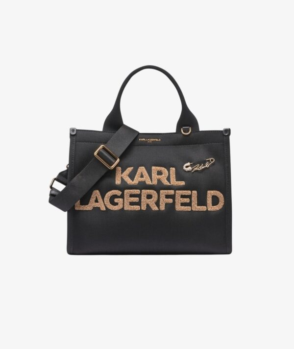 KARL LAGERFELD CHRSITINA MEDIUM KNIT TOTE  WITH CROSSBODY STRAP IN BLACK