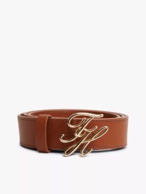 TOMMY HILFIGER Script Monogram Buckle Leather Belt in Cognac