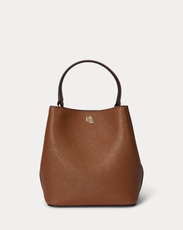 RALPH LAUREN Leather Crosshatch Small Reese Bucket Bag in Lauren Tan