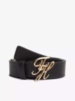 TOMMY HILFIGER Script Monogram Buckle Leather Belt in black