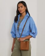 RALPH LAUREN Leather Crosshatch Small Reese Bucket Bag in Lauren Tan