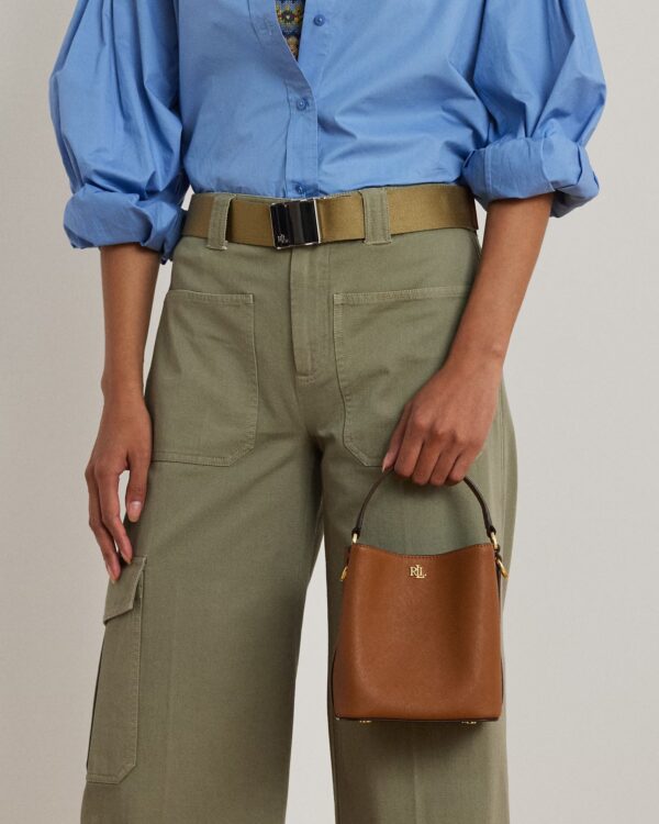 RALPH LAUREN Leather Crosshatch Small Reese Bucket Bag in Lauren Tan