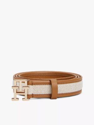 TOMMY HILFIGER Logo Buckle Contrast-Trim Canvas Belt IN Cognac