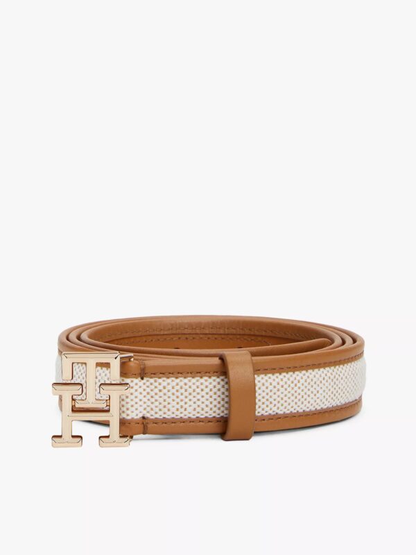 TOMMY HILFIGER Logo Buckle Contrast-Trim Canvas Belt IN Cognac