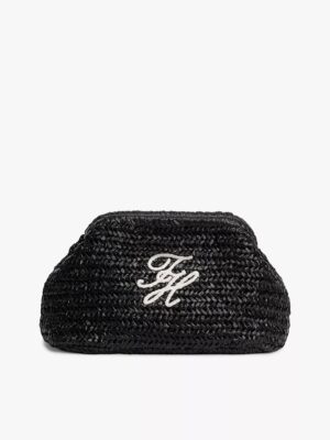 TOMMY HILFIGER Script Monogram Raffia Clutch IN BLACK RAFFIA