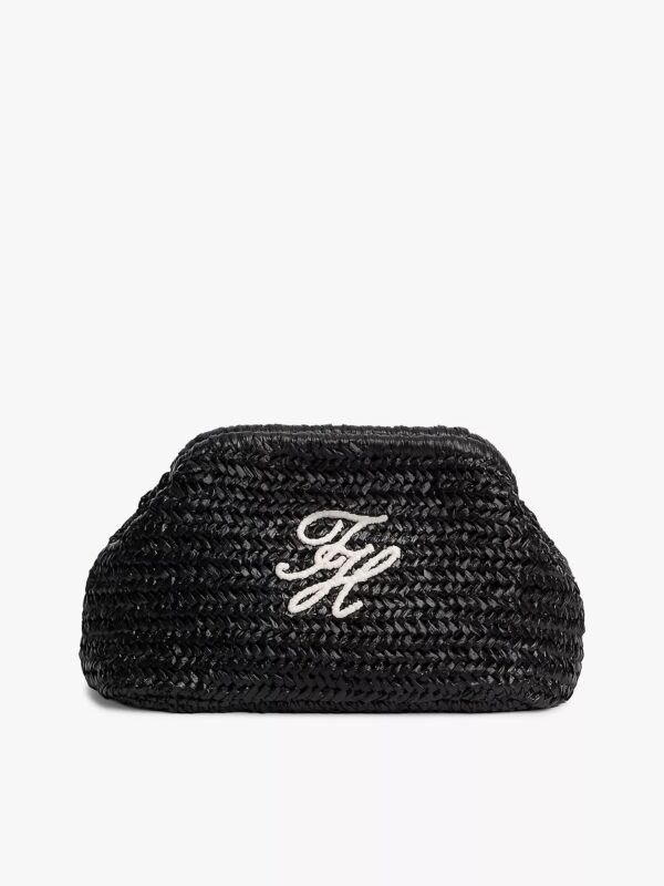 TOMMY HILFIGER Script Monogram Raffia Clutch IN BLACK RAFFIA