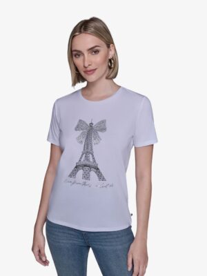 KARL LAGERFELD EIFFEL TOWER BOW TSHIRT IN WHITE