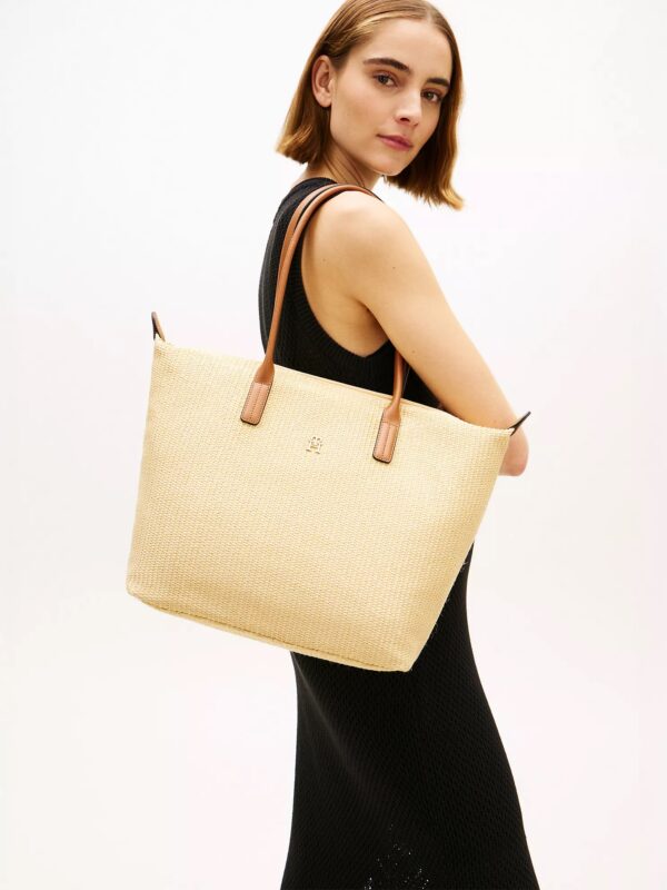 TOMMY HILFIGER Monogram Logo Raffia Tote Bag IN Natural Raffia