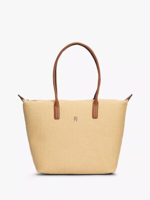 TOMMY HILFIGER Monogram Logo Raffia Tote Bag IN Natural Raffia