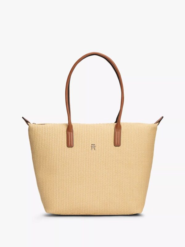 TOMMY HILFIGER Monogram Logo Raffia Tote Bag IN Natural Raffia