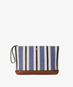 RALPH LAUREN STRIPED CANVAS & LEATHER MEDIUM POUCH IN BLUE
