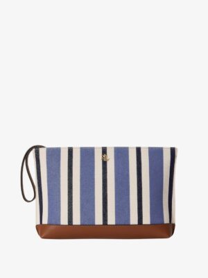 RALPH LAUREN STRIPED CANVAS & LEATHER MEDIUM POUCH IN BLUE