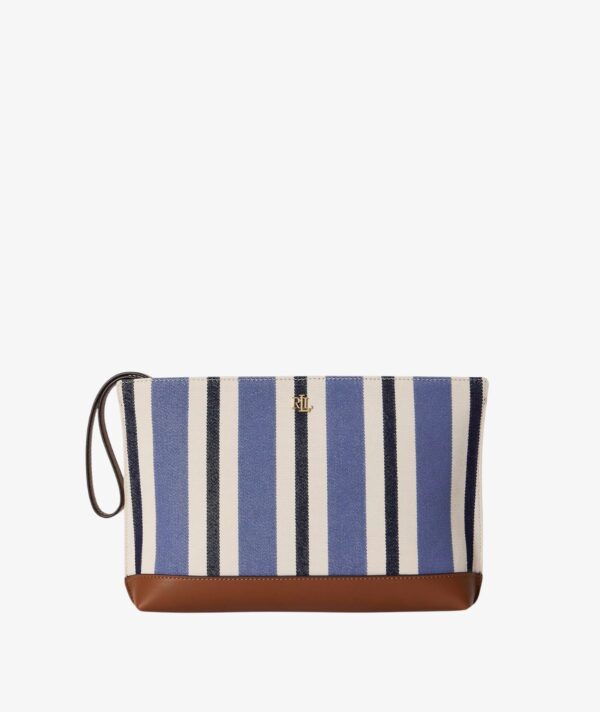 RALPH LAUREN STRIPED CANVAS & LEATHER MEDIUM POUCH IN BLUE