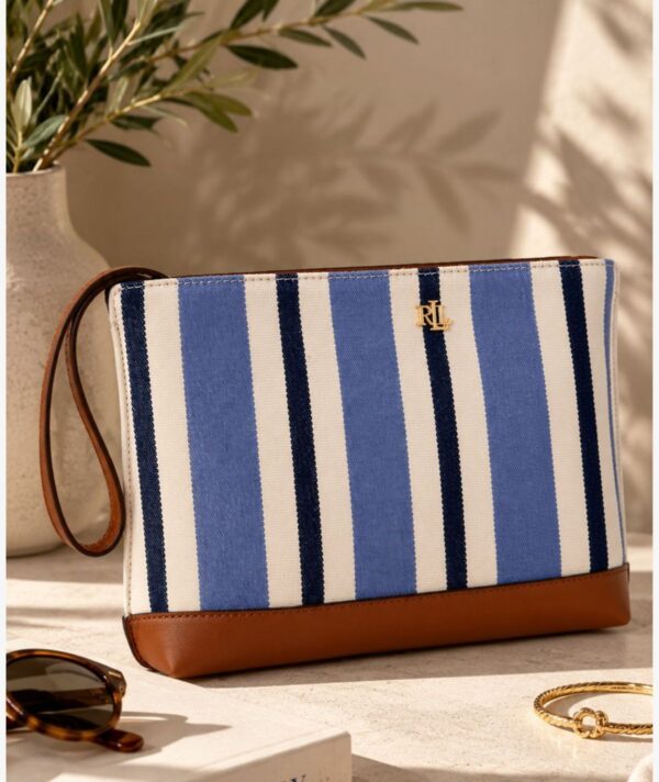 RALPH LAUREN STRIPED CANVAS & LEATHER MEDIUM POUCH IN BLUE