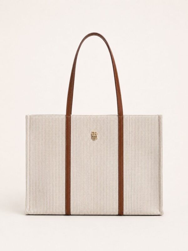 TOMMY HILFIGER LARGE STRIPED TOTE BAG IN WHITE & BEIGE