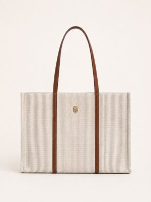 TOMMY HILFIGER LARGE STRIPED TOTE BAG IN WHITE & BEIGE