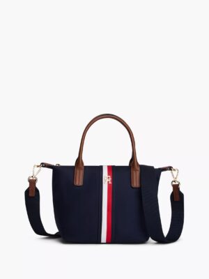 TOMMY HILFIGER MONOGRAM SIGNATURE STRIPE MINI TOTE BAG IN SPACE BLUE